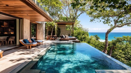 Poster - Secluded beachfront resort with modern tropical architecture, lush gardens, and a tranquil infinity pool overlooking the turquoise ocean. A luxury escape. Copy space included.