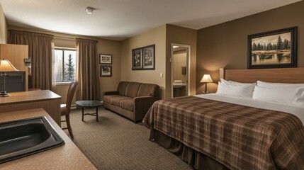 Poster - Spacious business hotel suite with a large desk, lounge area, and contemporary design elements for both work and relaxation. A perfect balance of comfort and professionalism. Copy space available.