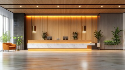 Poster - Spacious hotel lobby with a large reception desk, wooden flooring, and contemporary furniture. Bright and stylish atmosphere. Copy space for design.