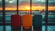 © Boke - Colorful suitcases waiting at airport terminal at sunset with airplane taking off