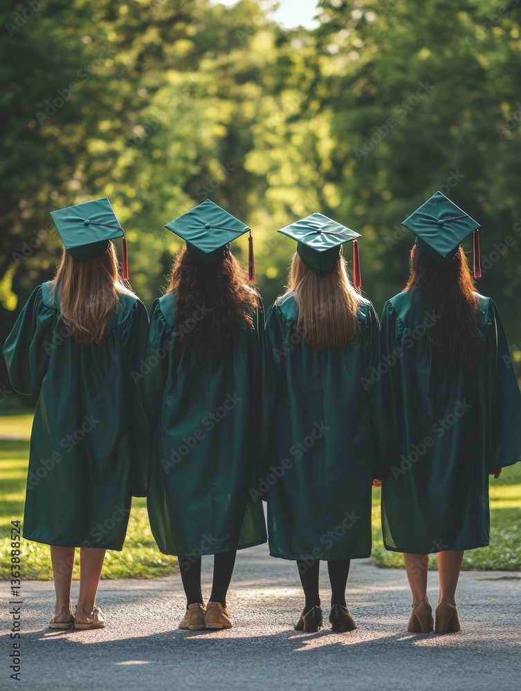 back view of group of students in green graduation gown and cap ...