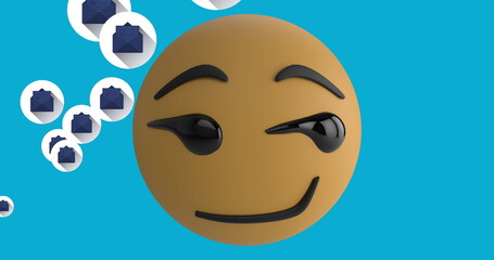 Poster - Image of smiling emoji icon with email icons on blue background