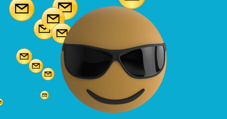 Poster - image of emoji icon with sunglasses with email icons on blue background