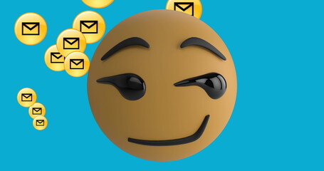 Poster - Digital image of smirk face emoji over multiple message icons floating against blue background