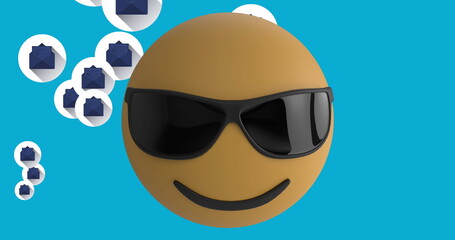 Poster - image of emoji icon with sunglasses with email icons on blue background