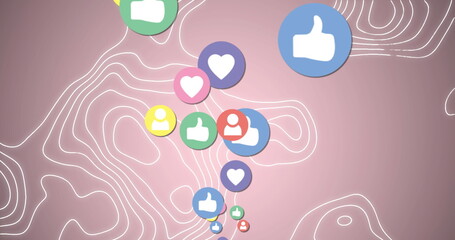 Poster - Digital image of icons and wavy lines on pink background