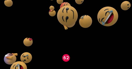 Poster - Increasing numbers on round red banner over multiple face emojis floating against black background