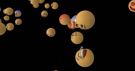 Poster - Digital image of multiple face emojis floating against black background