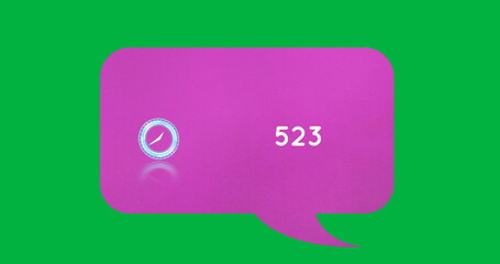 Aufkleber - Neon ticking clock and increasing numbers on pink speech bubble against green background