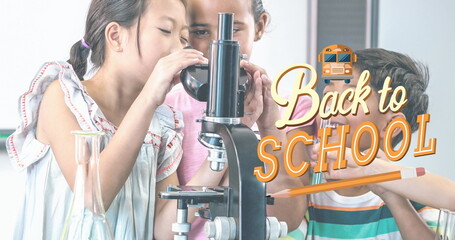 Poster - Image of back to school text over schoolchildren using microscope