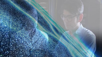 Poster - In office, woman analyzing digital animation with blue and green data visualization