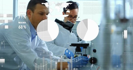 Aufkleber - In laboratory, scientists using microscope with data processing animation overlaying scene