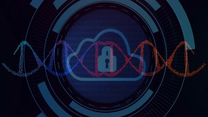 Poster - Animation of digital lock with DNA strands over binary code, symbolizing data security