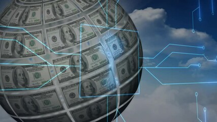 Poster - Digital network lines forming sphere of hundred-dollar bills against cloudy sky