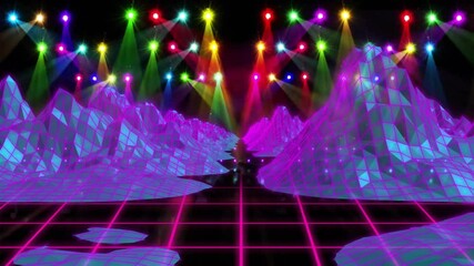 Poster - creating futuristic digital environment, colorful lights forming neon grid landscape