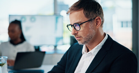 Poster - Reading, analysis or mature businessman in meeting for finance, tax research or debt management. Investment banker, analyst or advisor with professional review, financial account or report update