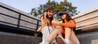© RedcupStudio - Happy Asian girl friends listening to music by cassette player, urban style mood and modern retro style 90s, Widescreen with copy space.