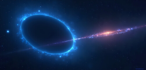 a blue planet with a black hole in the center and a star in space