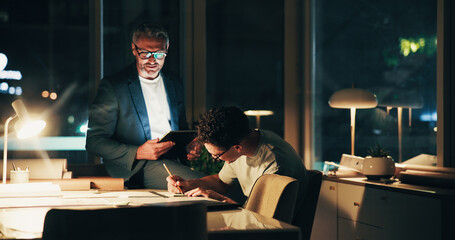Poster - Architecture, night and men in office for urban planning advice, property design and floorplan. Creative agency, working late and architect with layout, blueprint and ideas for building project