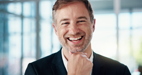 Fototapete - Laugh, pride and portrait of businessman in office with corporate finance career. Accounting, professional and mature male financial account executive with confidence for business development.
