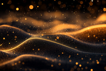 Poster - Golden Particles Flowing Over Dark Waves Abstract Background Image