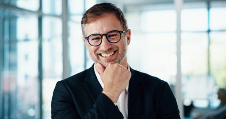 Fototapete - Happy, glasses and portrait of businessman in office with corporate finance career. Pride, professional and mature male financial account executive with confidence for business growth in workplace.