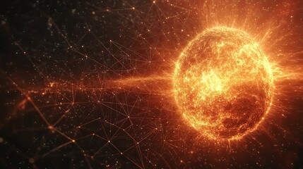 Wall Mural - Sun emerges behind Earth in space showcasing a geometric network polygon graphic with connected lines and radiant energy