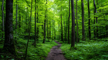 Lush Green Forest Path Leading Through Dense Trees With Sunlight Filtering Down Above Creating A Tranquil And Natural Scene