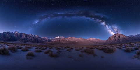 a panoramic view of a mountain range at night with a large, glowing moon in the sky