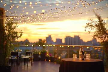Poster - Summer evening sun blur golden hour hot sky at sunset with city rooftop view in the background fuzzy urban warm bright heat wave lights skyline heatwave bookend for evening party, 32k REsolution