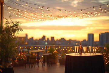 Poster - Summer evening sun blur golden hour hot sky at sunset with city rooftop view in the background fuzzy urban warm bright heat wave lights skyline heatwave bookend for evening party, 32k REsolution