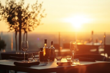 Poster - Summer evening sun blur golden hour hot sky at sunset with city rooftop view in the background fuzzy urban warm bright heat wave lights skyline heatwave bookend for evening party, 32k REsolution