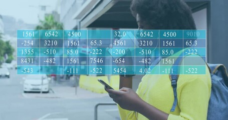 Poster - Person in yellow sweater using smartphone with data processing animation overlay