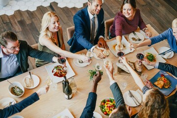 Poster - A diverse group of professionals, including men and women of various ethnicities, celebrate over a festive dinner. The joyful gathering features toasts, delicious food, and vibrant conversations.