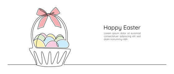 Poster - Basket with Easter eggs and bow in one continuous line drawing. Greeting card and banner design in simple linear style. Editable stroke. Doodle oneline vector illustration