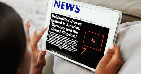 Poster - Woman, hands and research with tablet screen for breaking news, browsing or global information at home. Closeup, female person or user with technology display for online alert or digital newspaper