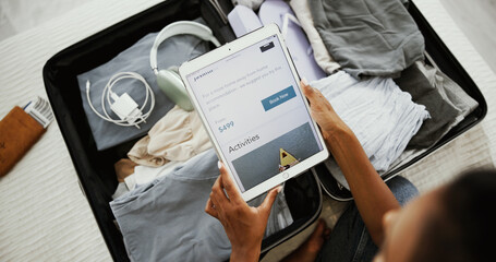Poster - Woman, hands or tablet screen with suitcase for vacation, holiday or browsing website above at home. Top view, female person and technology with display or luggage for online getaway or accommodation