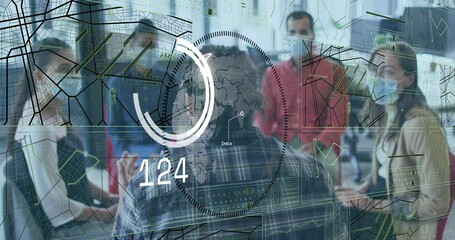 Poster - Data processing animation over diverse people collaborating in modern office setting