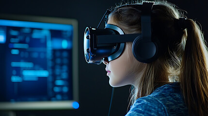 Poster - Virtual reality experience home office digital interaction tech environment close-up view immersive gaming concept