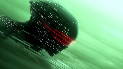 Fototapete - Futuristic humanoid in sleek dark armor moves across vibrant green gradients