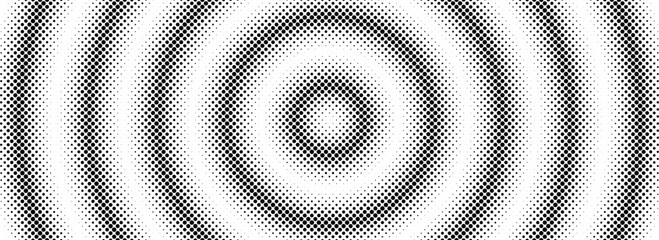 Poster - Halftone circle background. Black and white dotted circular gradient. Radial comic target texture. Grunge rough round pop art rasterized backdrop. Fading dot epicenter wallpaper concept. Vector