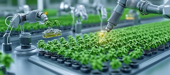Poster - Robots cultivating plants in an automated futuristic agricultural facility