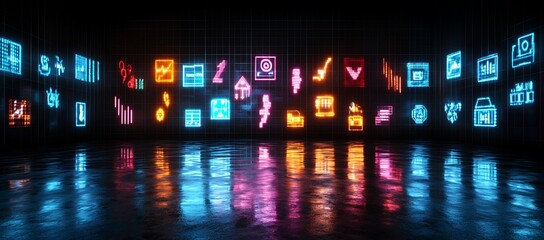 Fototapete - Colorful glowing neon icons reflecting on a shiny floor surface