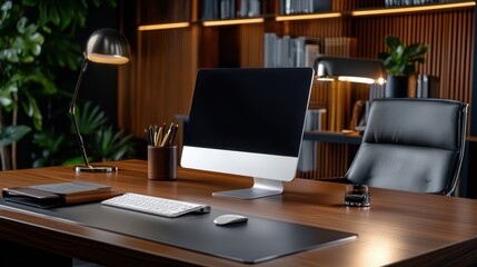Poster - A computer desk with a black chair and a computer monitor