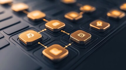 Fototapete - Detailed view of the circuit board with linked golden buttons