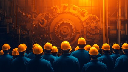 Poster - A group of workers observe large industrial machinery in awe
