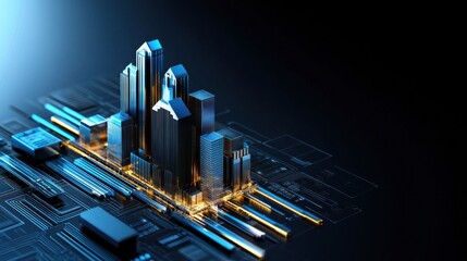 Aufkleber - A cityscape is shown in a futuristic style, with tall buildings