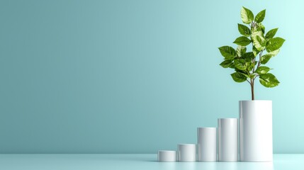 Poster - A white vase with a plant in it sits on a blue background