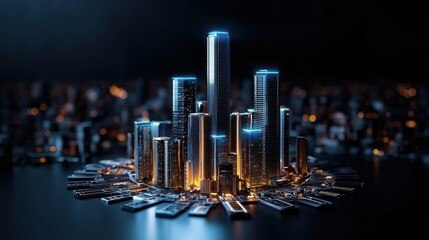 Aufkleber - A cityscape with tall buildings and a glowing city center