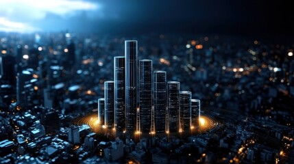Aufkleber - A city skyline with tall buildings and a glowing circle in the center